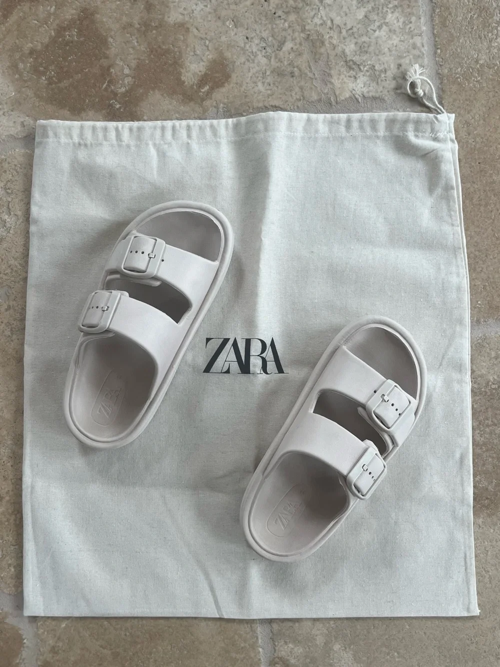 Zara Off-White Double Buckle Slide Sandals